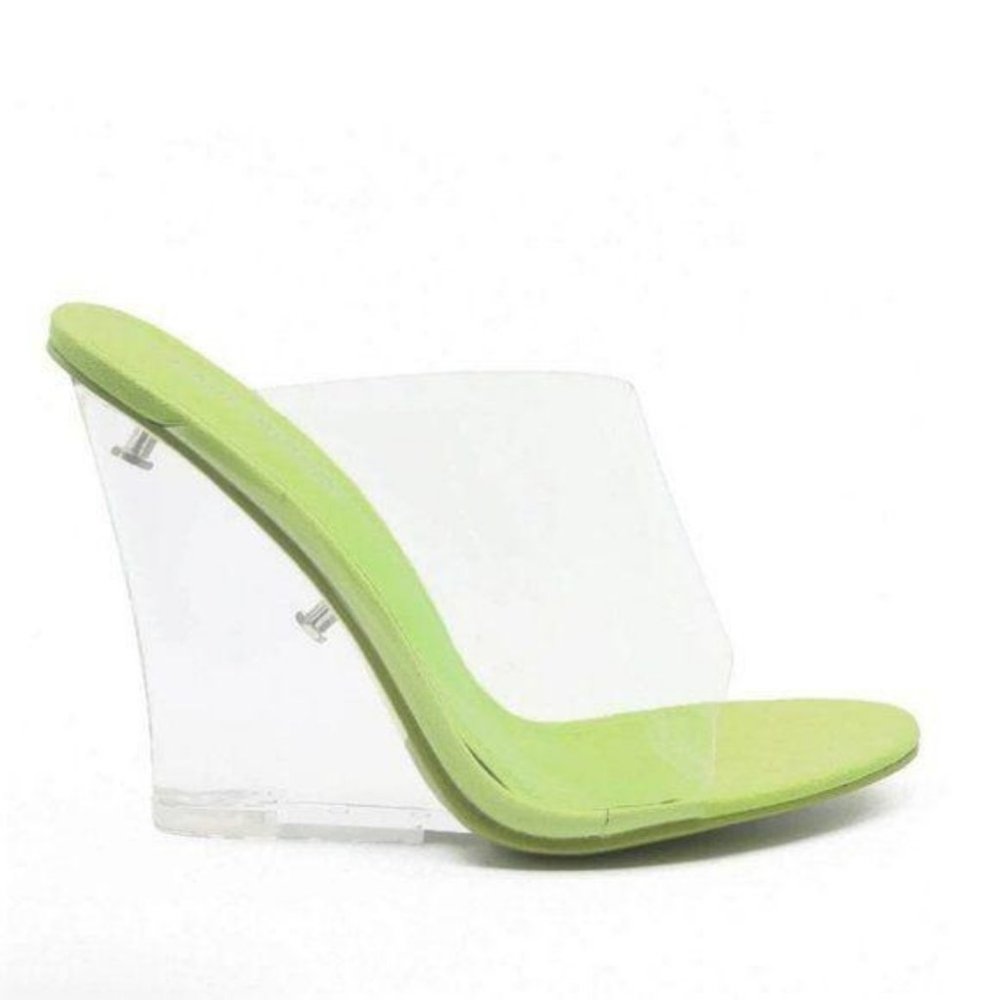 Clear Peep Toe Lucite Wedges in Lime - Picture 2 of 9